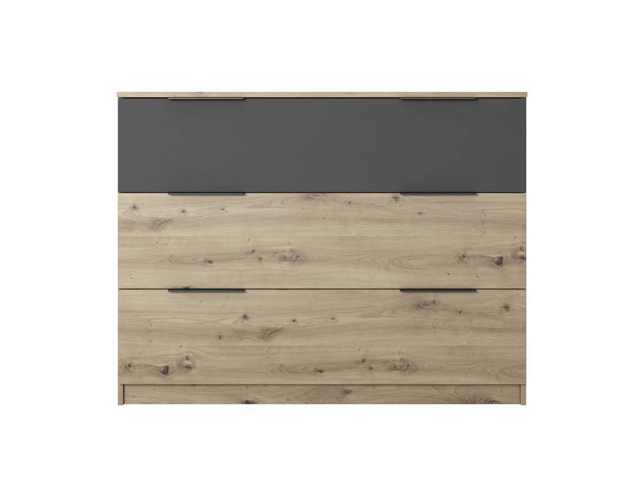 Moderne ladekast met drie lades, bovenste lade in donkergrijs, onderste in houtlook, vooraanzicht.
