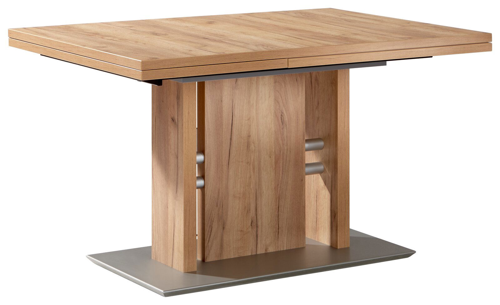 Moderner Esstisch aus Holz mit rechteckiger Tischplatte und stabiler Mittelsäule, seitliche Perspektive