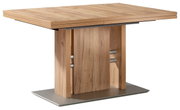 Moderne houten eettafel met rechthoekig tafelblad en stevige middenpoot, zijaanzicht