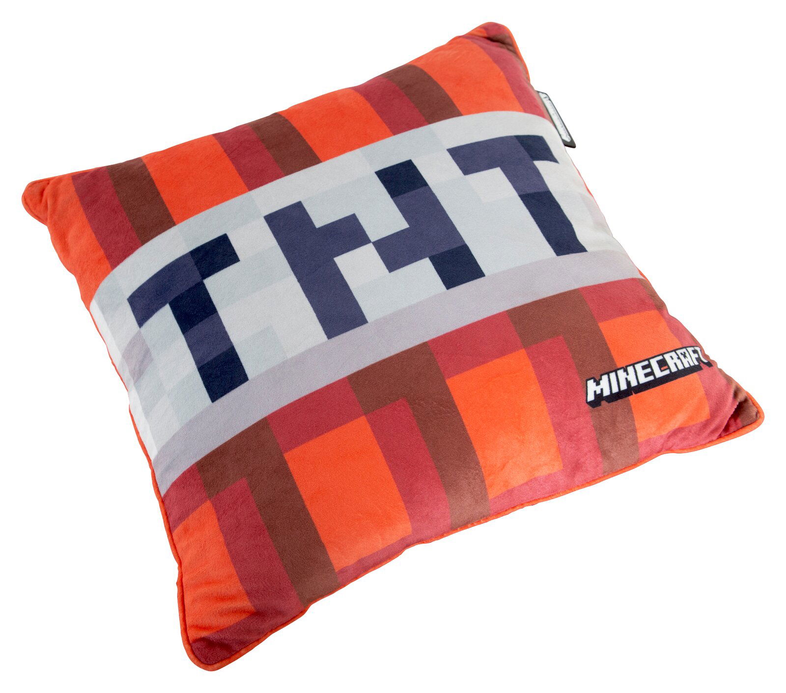 Minecraft TNT Deko-Kissen in Rot-Orange mit pixeligem TNT-Schriftzug, schräg von oben in 3/4-Ansicht freigestellt auf weißem Hintergrund