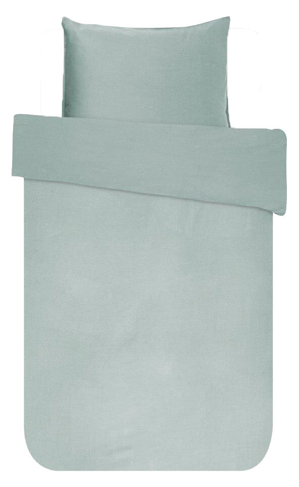 Bettwäsche-Set in hellem Grau, bestehend aus einem Kissenbezug und einem Bettdeckenbezug, aus der Vogelperspektive fotografiert.