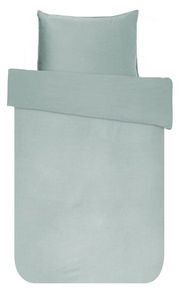 Bettwäsche-Set in hellem Grau, bestehend aus einem Kissenbezug und einem Bettdeckenbezug, aus der Vogelperspektive fotografiert.