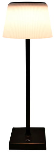 Moderne Solarleuchte mit schwarzem Standfuß und weißem Lampenschirm, frontal abgebildet.