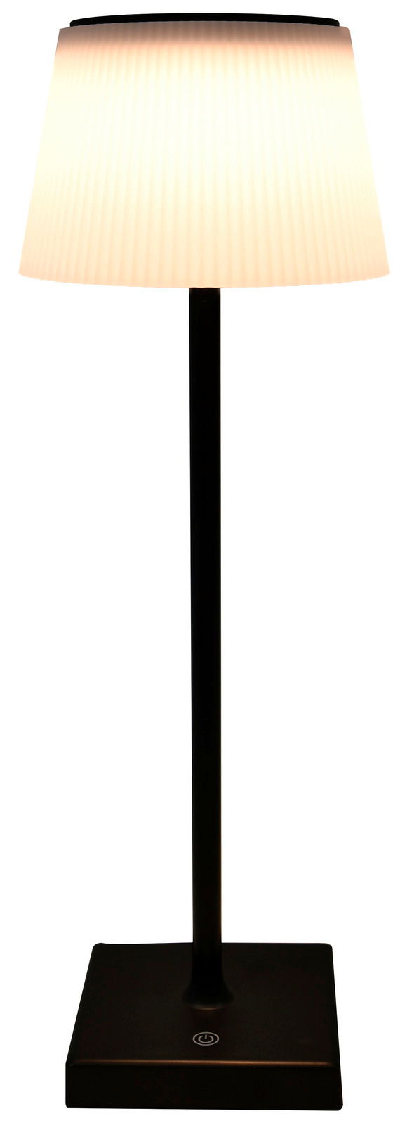 Moderne Solarleuchte mit schwarzem Standfuß und weißem Lampenschirm, frontal abgebildet.