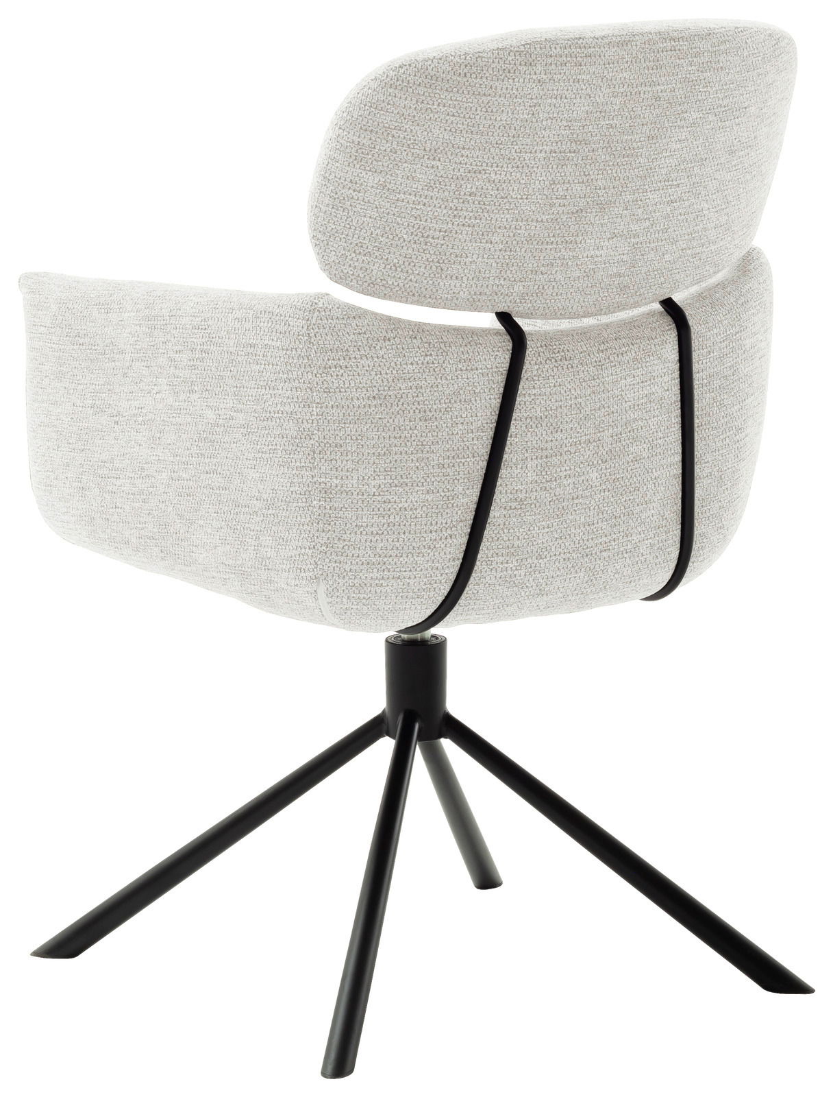 Rückansicht eines modernen Sessels mit hellgrauem Stoffbezug und schwarzem Metallgestell.