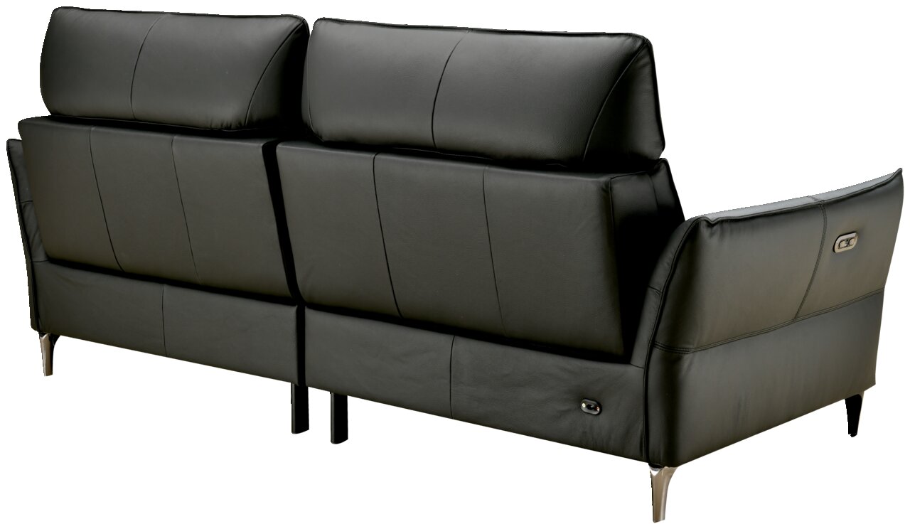 Rückansicht einer schwarzen Polstergarnitur aus Leder mit verstellbaren Kopfstützen und Metallfüßen.