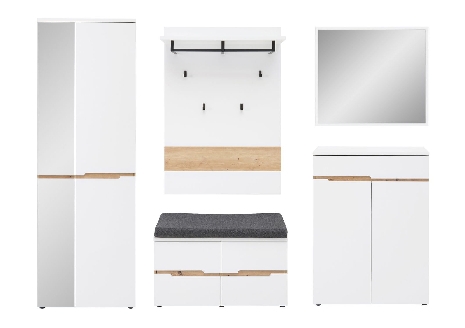 Garderobenset MEMPHIS, 5-teilig, bestehend aus einem hohen Schrank mit Spiegel, einer Wandgarderobe mit Haken und Ablage, einem quadratischen Spiegel, einer Sitzbank mit Stauraum und einem Schuhschrank. Perspektive: Frontalansicht.