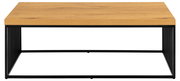 Moderner Couchtisch mit Holzplatte und schwarzem Metallgestell, Frontalansicht
