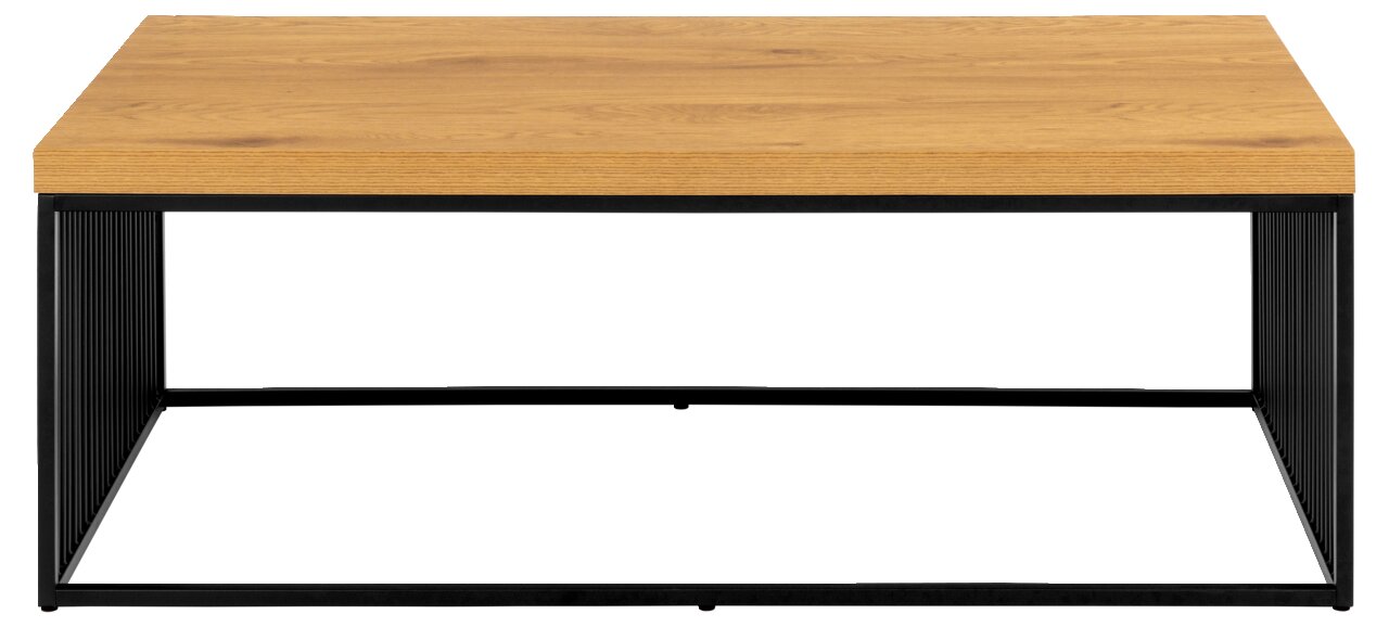 Moderner Couchtisch mit Holzplatte und schwarzem Metallgestell, Frontalansicht