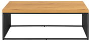 Moderner Couchtisch mit Holzplatte und schwarzem Metallgestell, Frontalansicht