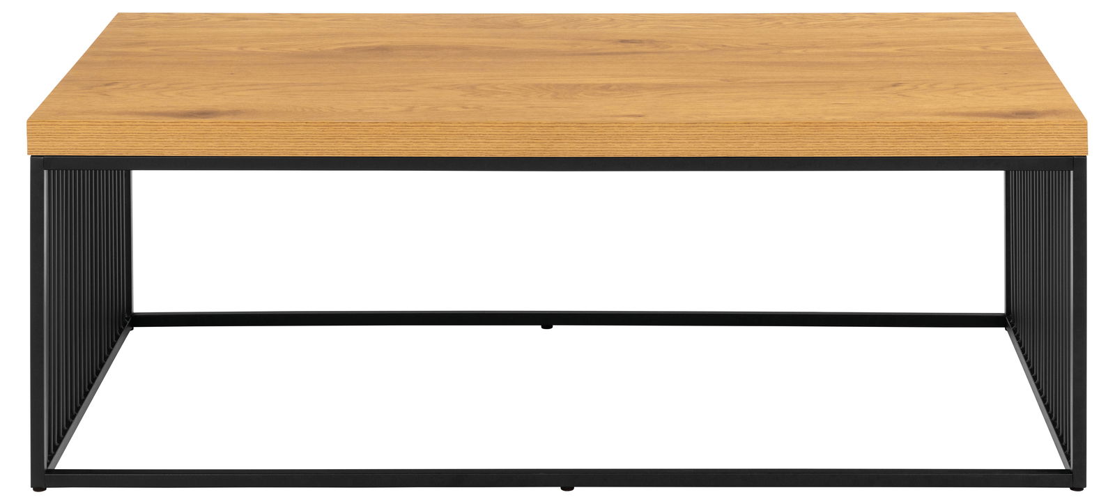 Moderner Couchtisch mit Holzplatte und schwarzem Metallgestell, Frontalansicht