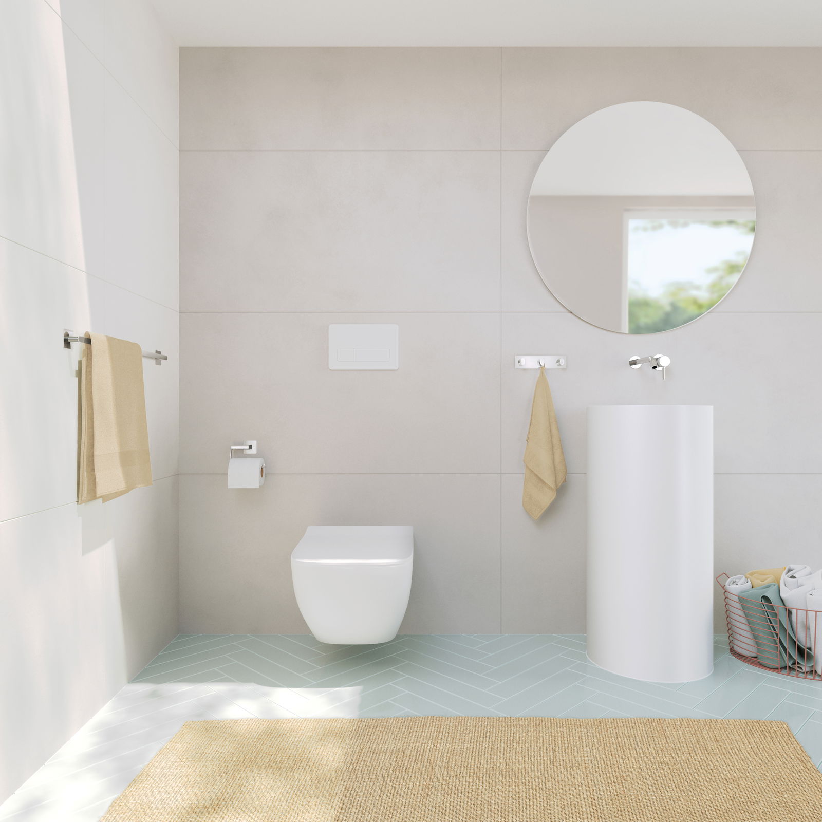 Moderne Badezimmeransicht mit Edelstahl-Handtuchstange an der Wand, die ein beiges Handtuch hält. Perspektive von vorne auf die Handtuchstange.