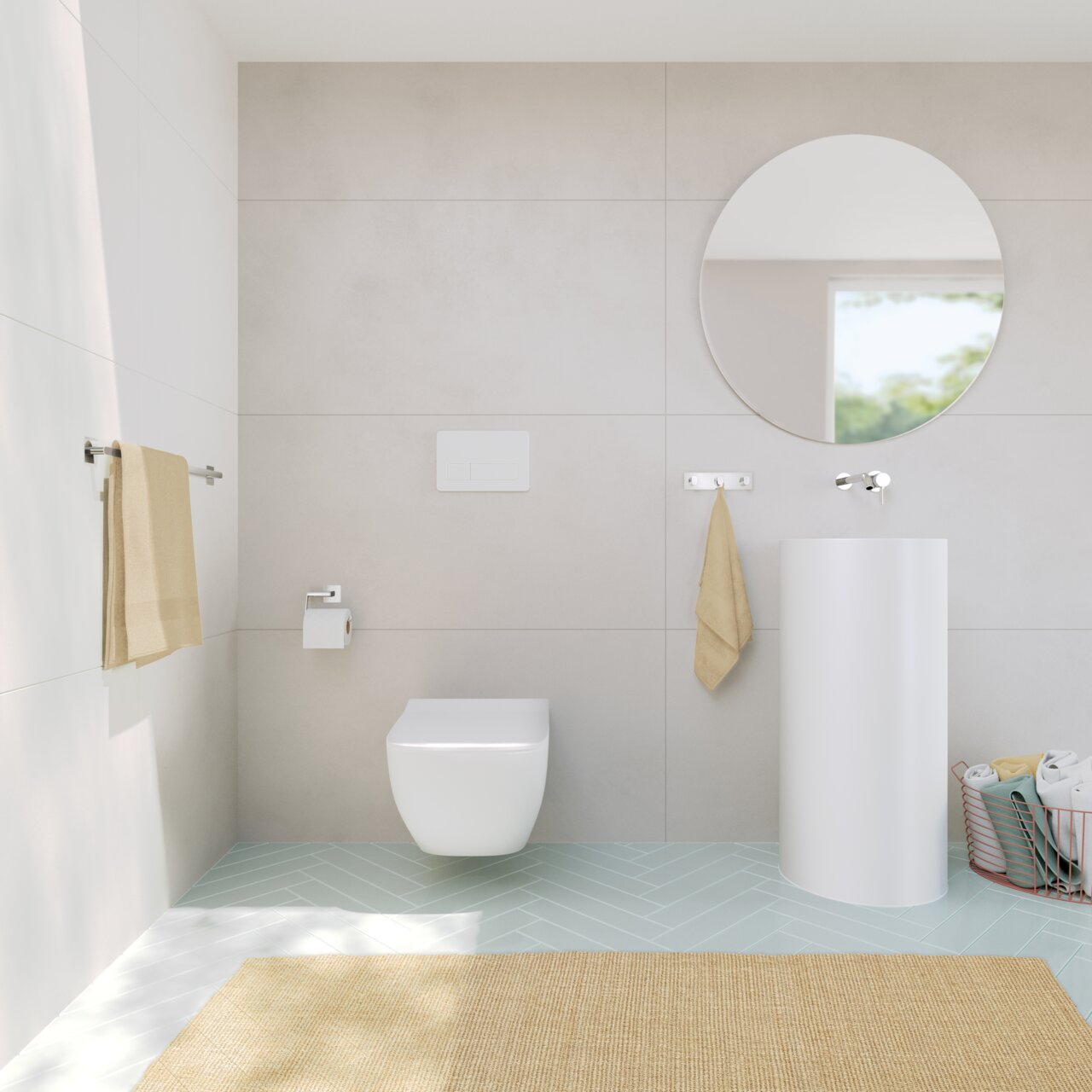 Moderne Badezimmeransicht mit Edelstahl-Handtuchstange an der Wand, die ein beiges Handtuch hält. Perspektive von vorne auf die Handtuchstange.
