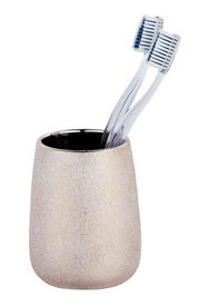 Keramik Zahnputzbecher Glimma in sandfarbener Textur, gefüllt mit zwei Zahnbürsten, seitliche Perspektive