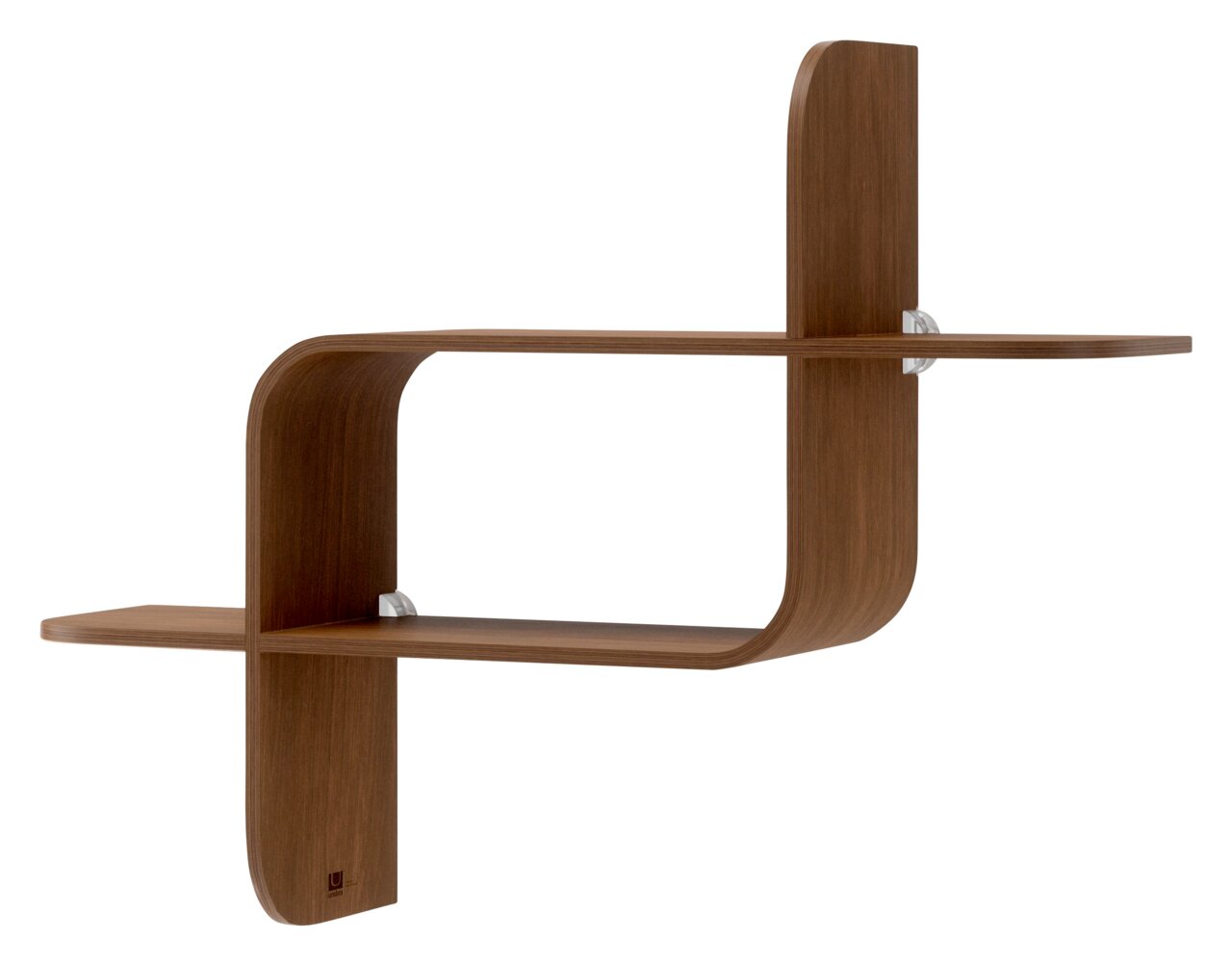 Modernes Wandregal aus Holz mit geschwungenem Design, seitliche Perspektive