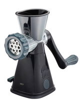 Fleischwolf METO in seitlicher Perspektive mit Handkurbel und schwarzem Gehäuse