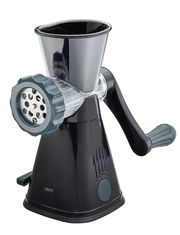 Fleischwolf METO in seitlicher Perspektive mit Handkurbel und schwarzem Gehäuse