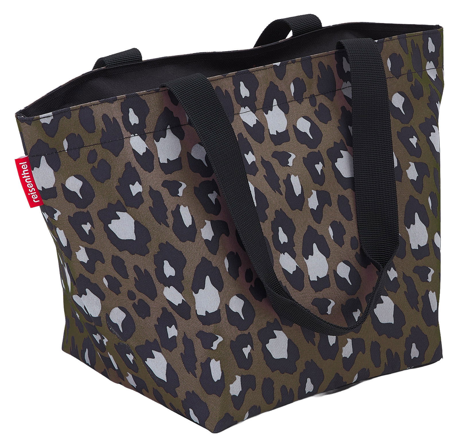 Reisenthel Shopper M Leo Chocolate Leopardenmuster Shopper Tasche mit schwarzen Henkeln, seitliche Perspektive
