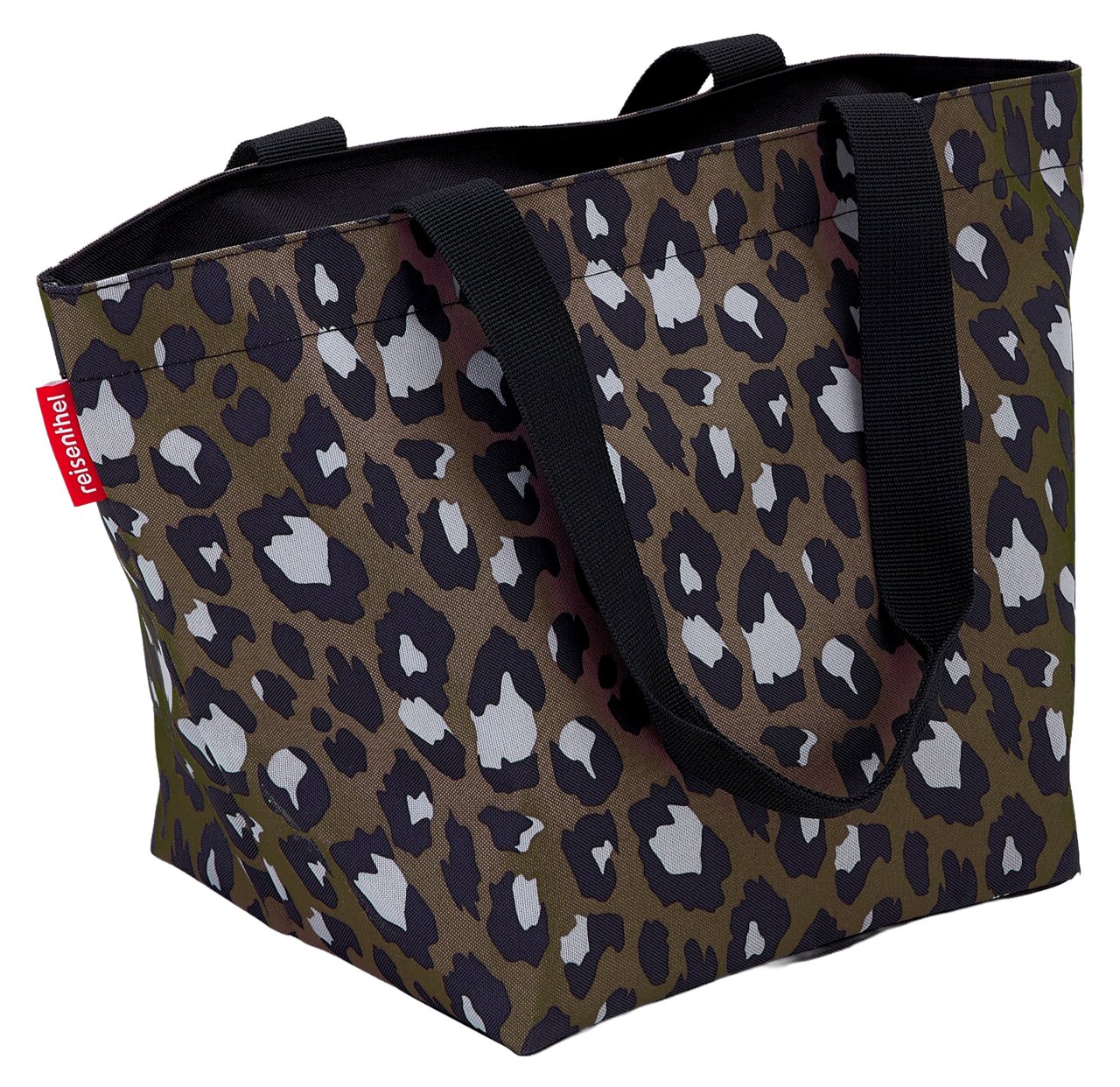Leopardenmuster Shopper Tasche mit schwarzen Henkeln, seitliche Perspektive