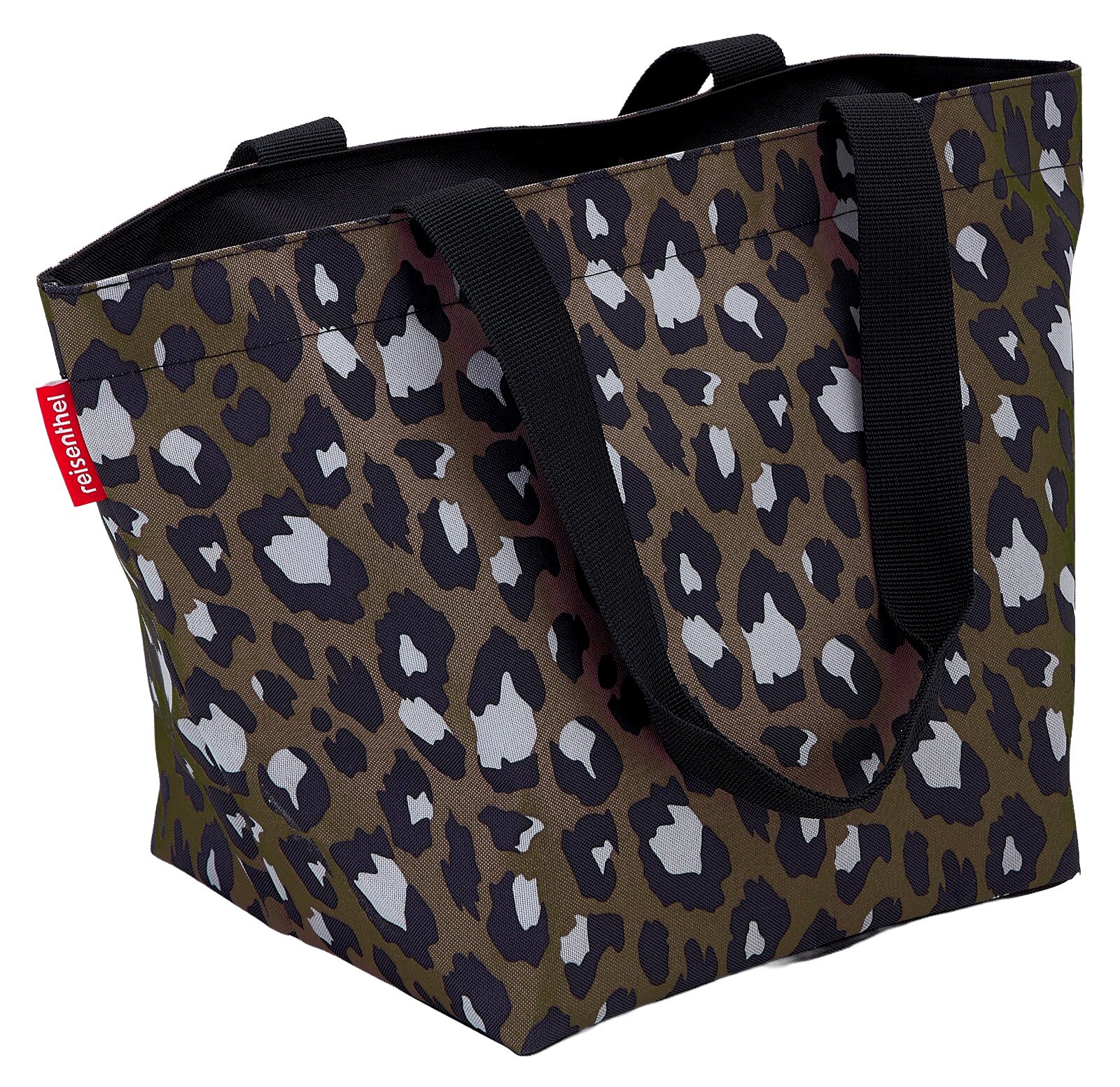 Reisenthel Shopper M Leo Chocolate Leopardenmuster Shopper Tasche mit schwarzen Henkeln, seitliche Perspektive