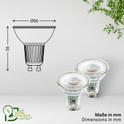Twee transparante GU10-ledspots in schuin vooraanzicht, naast een maattekening met een diameter van 50 mm en een hoogte van 55 mm.