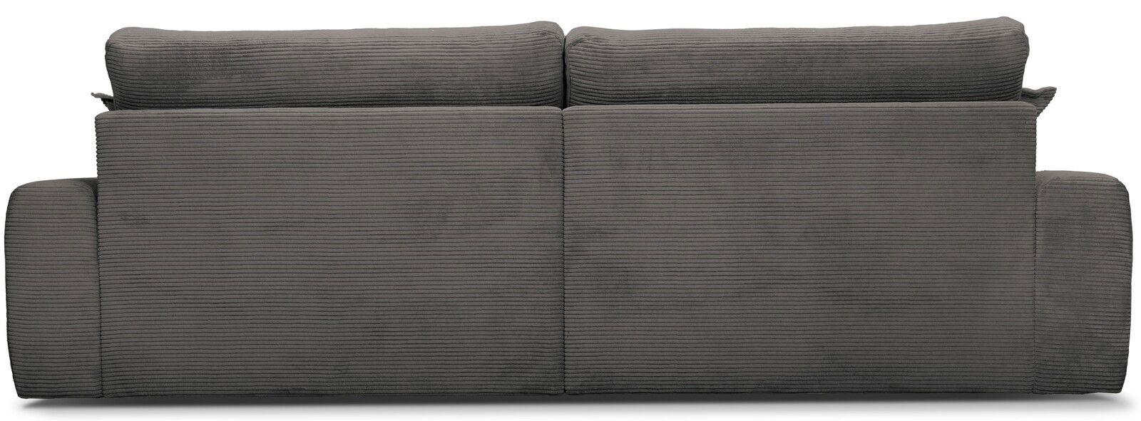 Rückansicht eines großen, grauen Sofas mit geripptem Stoffbezug.