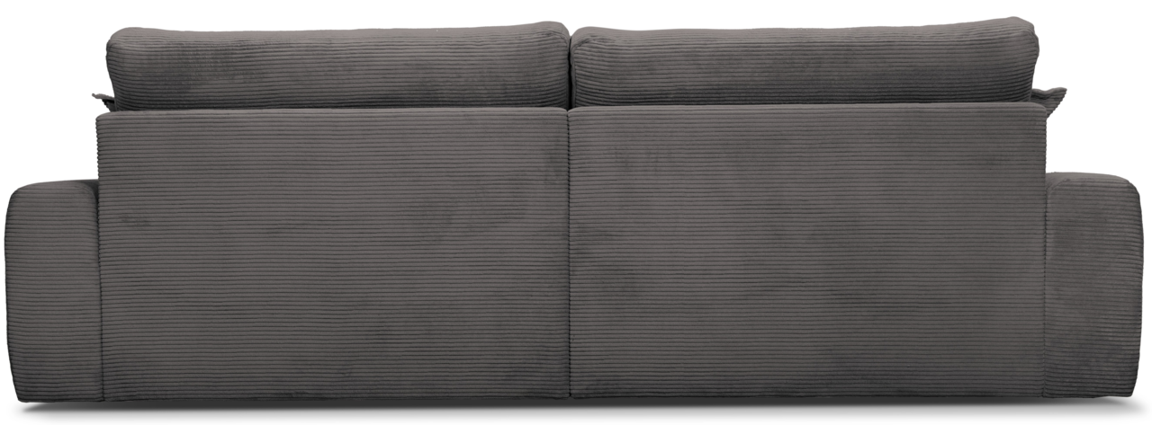 Rückansicht eines großen, grauen Sofas mit geripptem Stoffbezug.