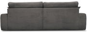 Rückansicht eines großen, grauen Sofas mit geripptem Stoffbezug.