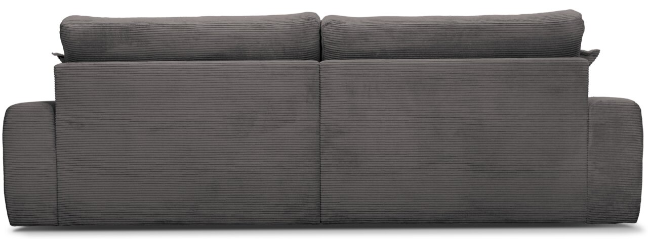 Achterkant van een grote, grijze bank met geribbelde stoffen bekleding.