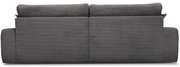 Rückansicht eines großen, grauen Sofas mit geripptem Stoffbezug.