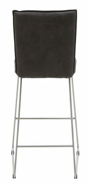 Rückansicht eines Tresenstuhls mit schwarzer Polsterung und silbernem Metallgestell.