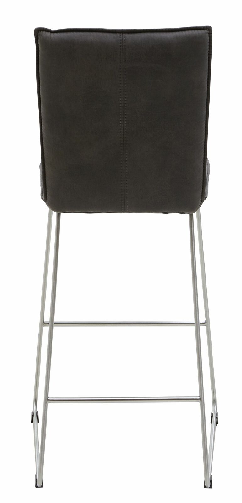 Rückansicht eines Tresenstuhls mit schwarzer Polsterung und silbernem Metallgestell.