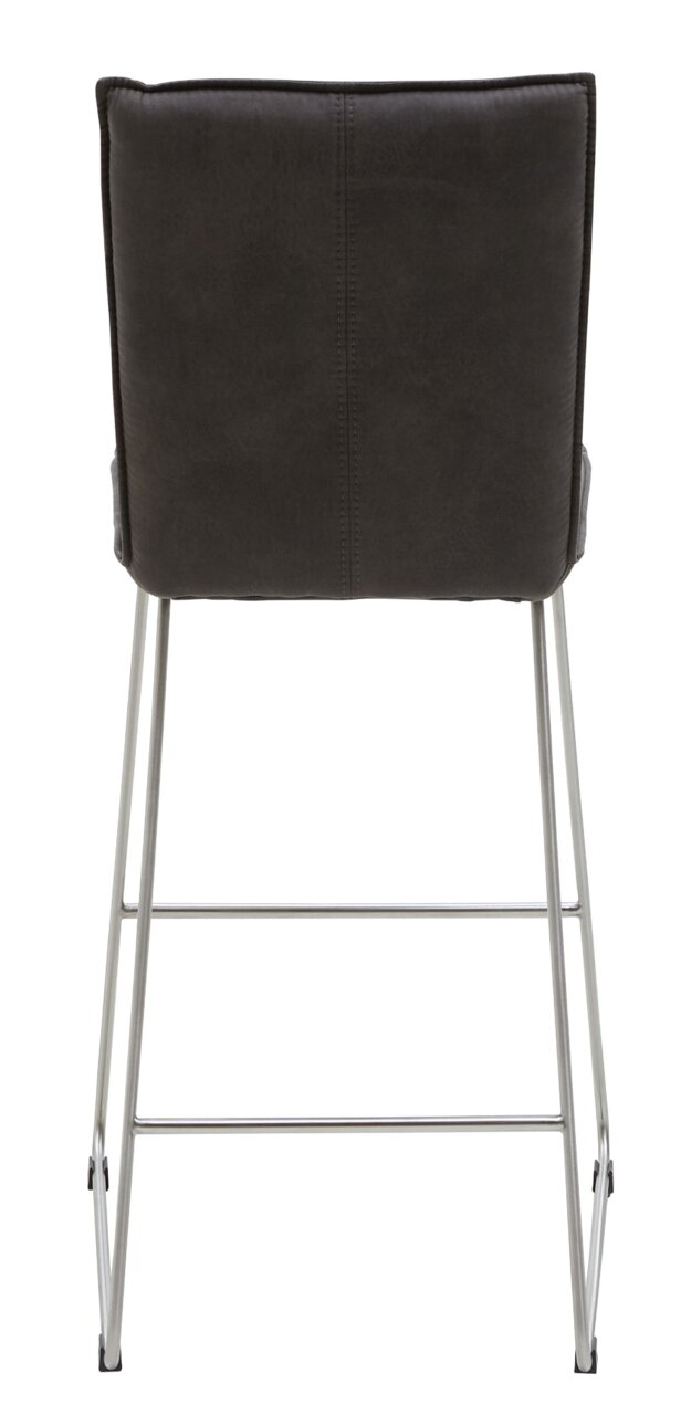 Rückansicht eines Tresenstuhls mit schwarzer Polsterung und silbernem Metallgestell.