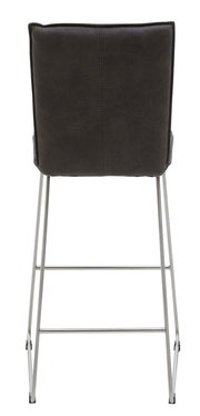 Rückansicht eines Tresenstuhls mit schwarzer Polsterung und silbernem Metallgestell.