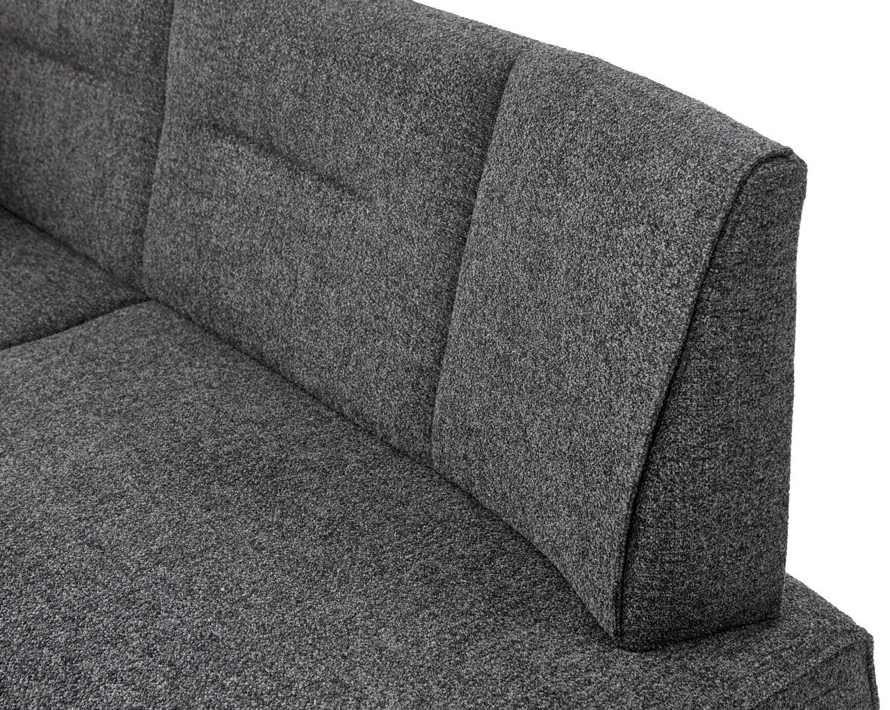 Graue Eckbank mit gepolsterter Rückenlehne, seitliche Perspektive