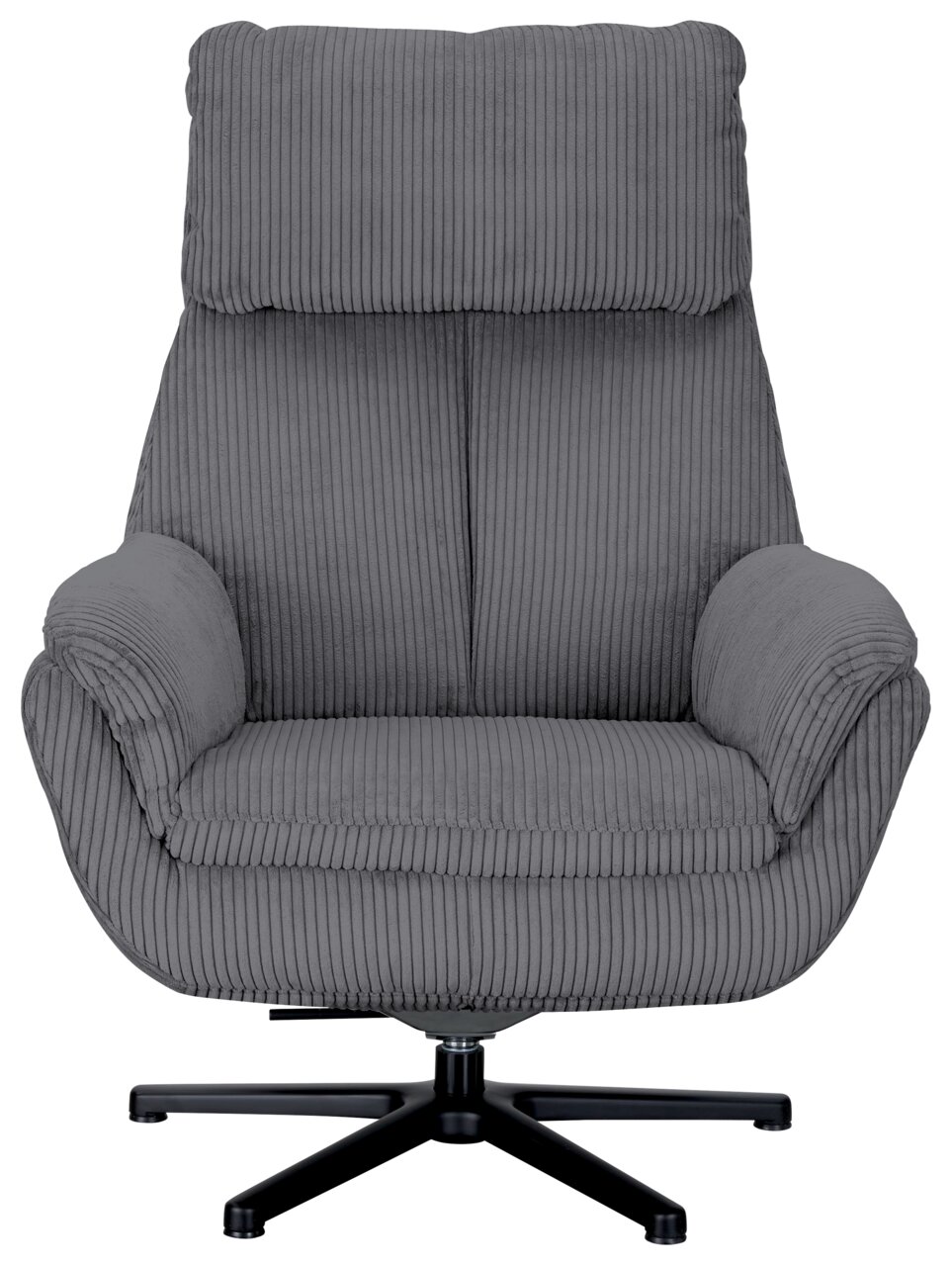 Grijze fauteuil met geribbelde stoffen bekleding, vooraanzicht