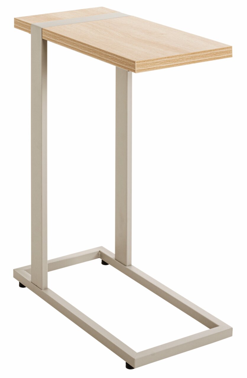 Moderner Beistelltisch mit hellem Holz und Metallgestell, seitliche Perspektive