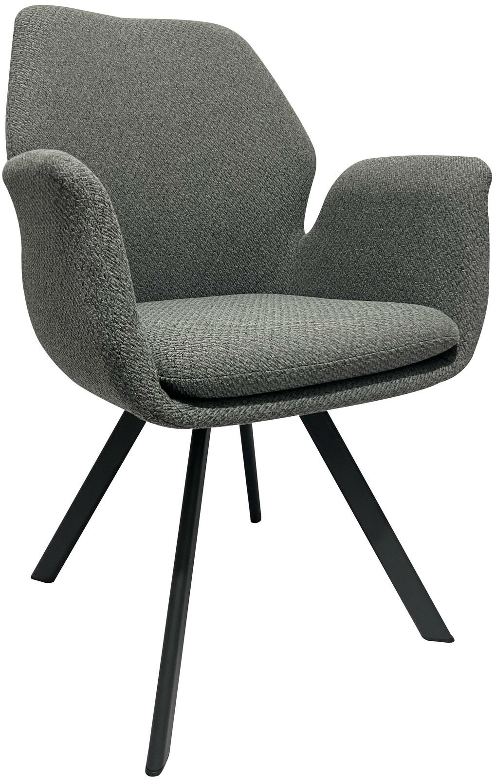 Grauer Sessel mit gepolstertem Sitz und Rückenlehne, schwarzes Metallgestell, seitliche Perspektive