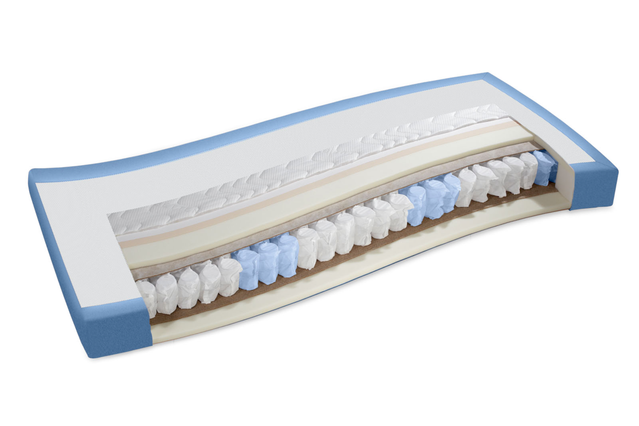 Boxspringbett mit grauem Stoffbezug und Holzrahmen, seitliche Perspektive