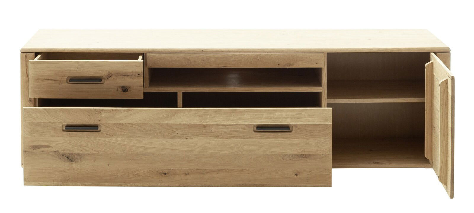 Frontansicht eines TV-Elements aus Holz mit offenen Schubladen und Türen, zeigt Stauraum und modernes Design.