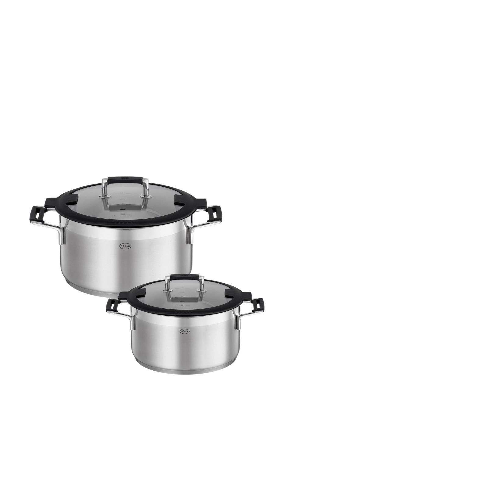 Zwei Edelstahlkochtöpfe aus dem 4-teiligen Topfset SILENCE PRO, Ansicht von schräg oben, mit Glasdeckeln und schwarzen Griffen.