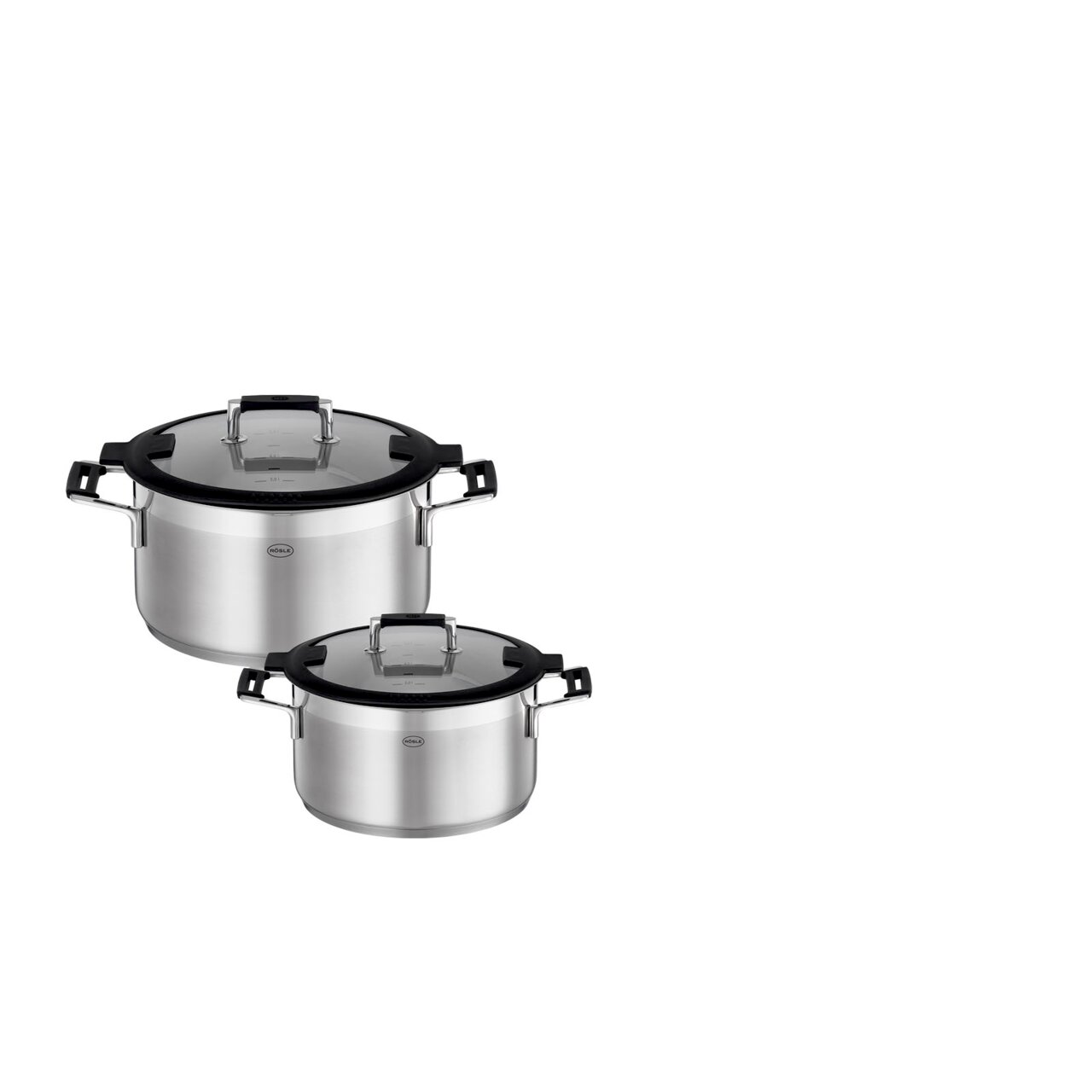 Zwei Edelstahlkochtöpfe aus dem 4-teiligen Topfset SILENCE PRO, Ansicht von schräg oben, mit Glasdeckeln und schwarzen Griffen.