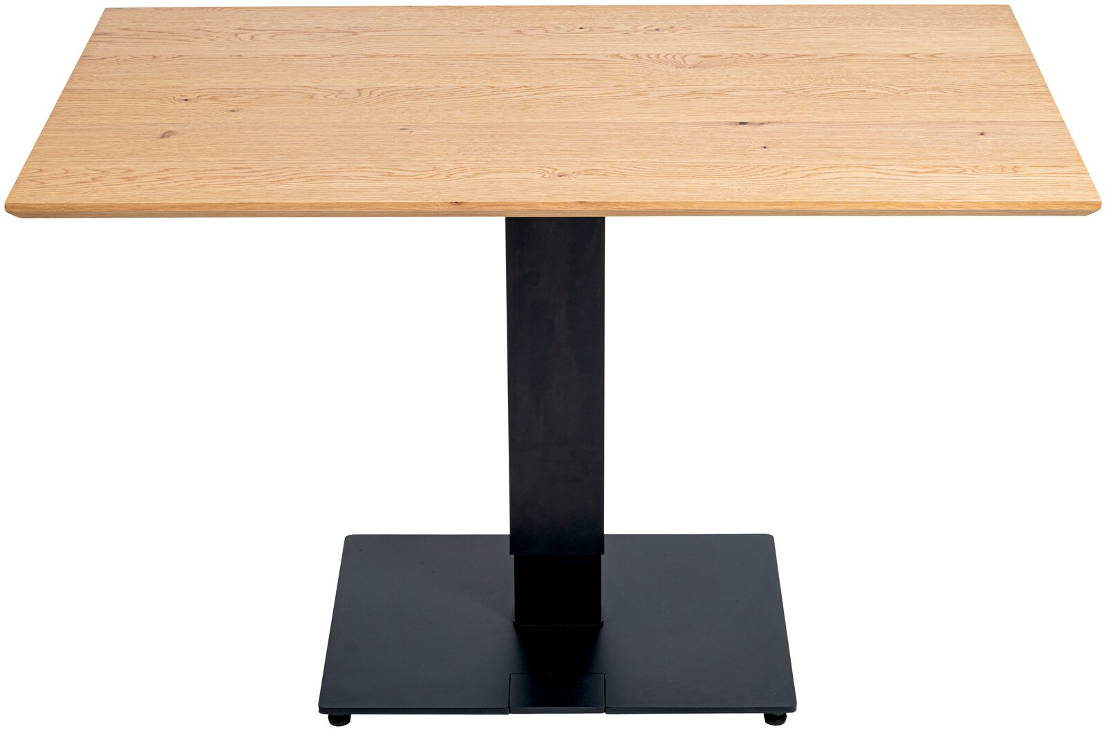 Ess- oder Bartisch mit rechteckiger Holzplatte und schwarzem Metallfuß, frontal betrachtet.