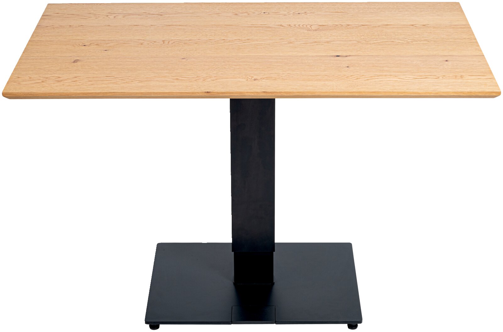 Eet- of bartafel met rechthoekig houten blad en zwart metalen onderstel, gezien van voren.