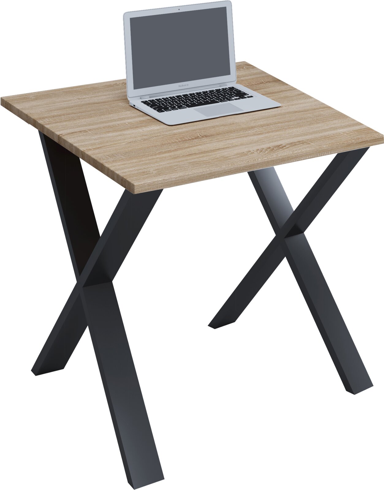 Moderner Schreibtisch mit heller Holzplatte in Eichenoptik und schwarzen X-förmigen Metallbeinen, mit aufgeklapptem Laptop auf der Tischplatte, Ansicht schräg von oben (3/4-Perspektive)