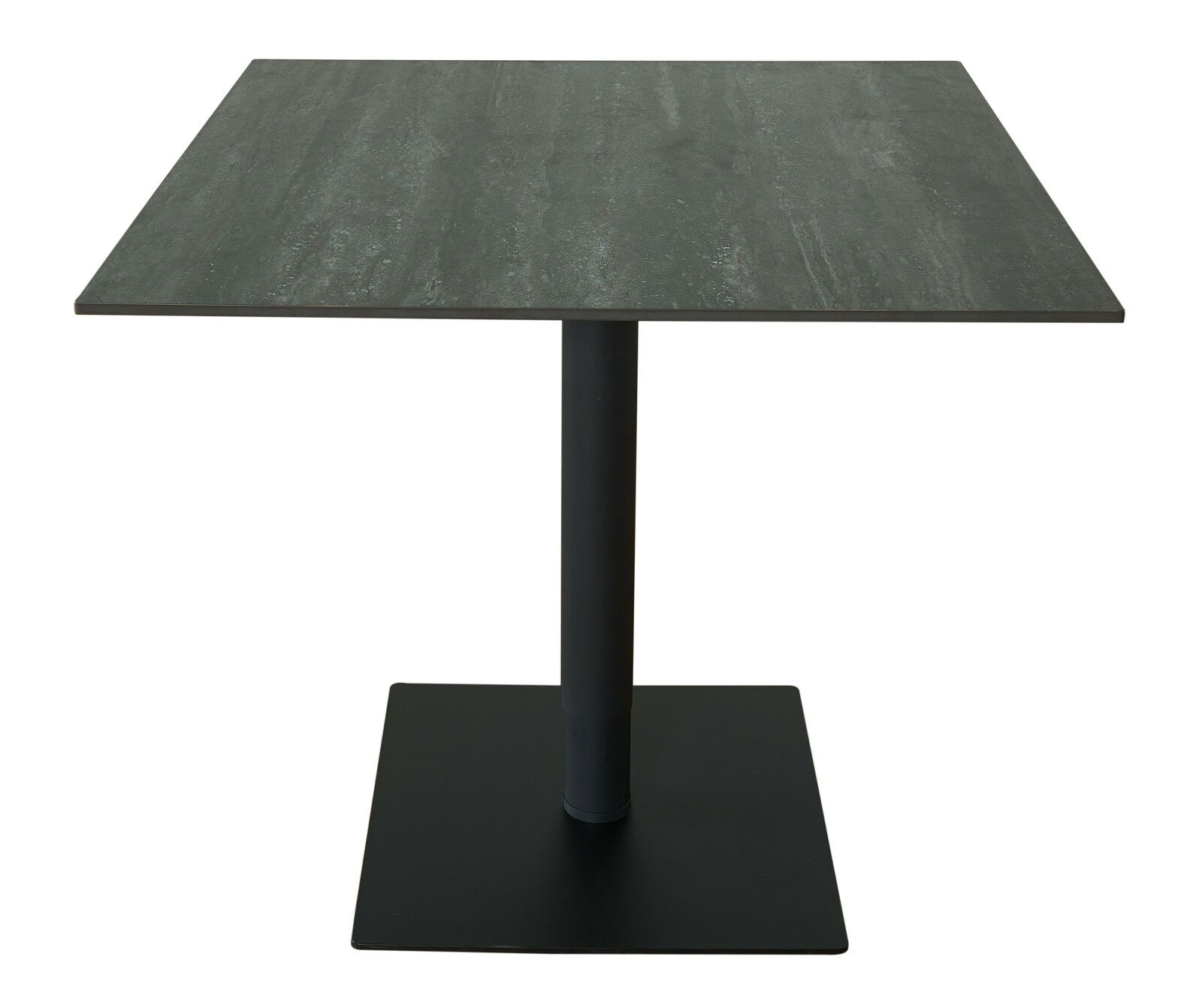 Quadratischer Bartisch mit dunkler Tischplatte und schwarzem Standfuß, frontal fotografiert.