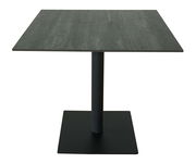 Quadratischer Bartisch mit dunkler Tischplatte und schwarzem Standfuß, frontal fotografiert.