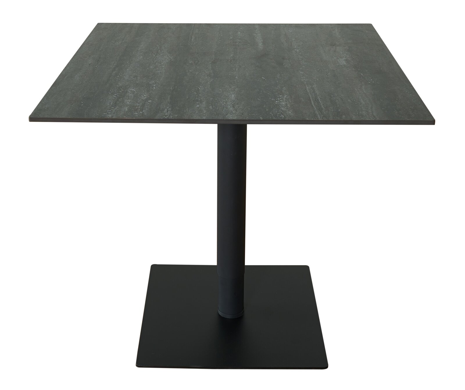 Quadratischer Bartisch mit dunkler Tischplatte und schwarzem Standfuß, frontal fotografiert.