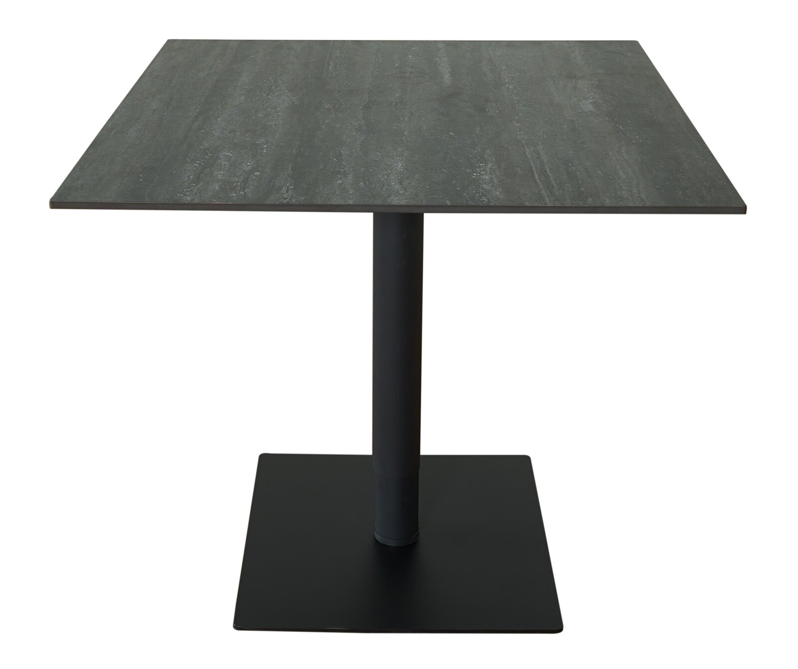 Quadratischer Bartisch mit dunkler Tischplatte und schwarzem Standfuß, frontal fotografiert.