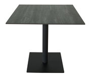 Quadratischer Bartisch mit dunkler Tischplatte und schwarzem Standfuß, frontal fotografiert.